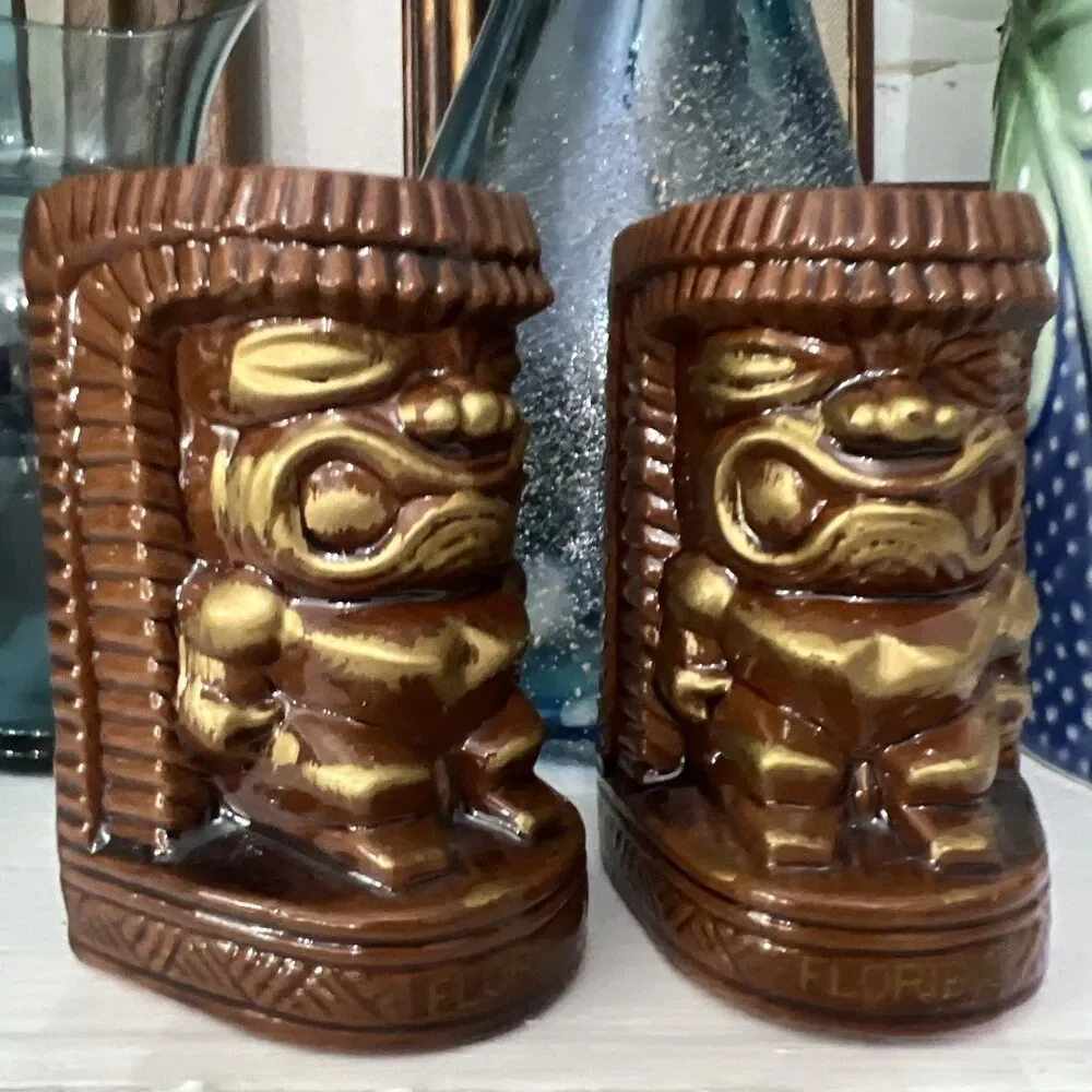Vintage Brown Glaze Red Clay Tiki Salt & Pepper Shaker Set “Florida” 3.25” Japan